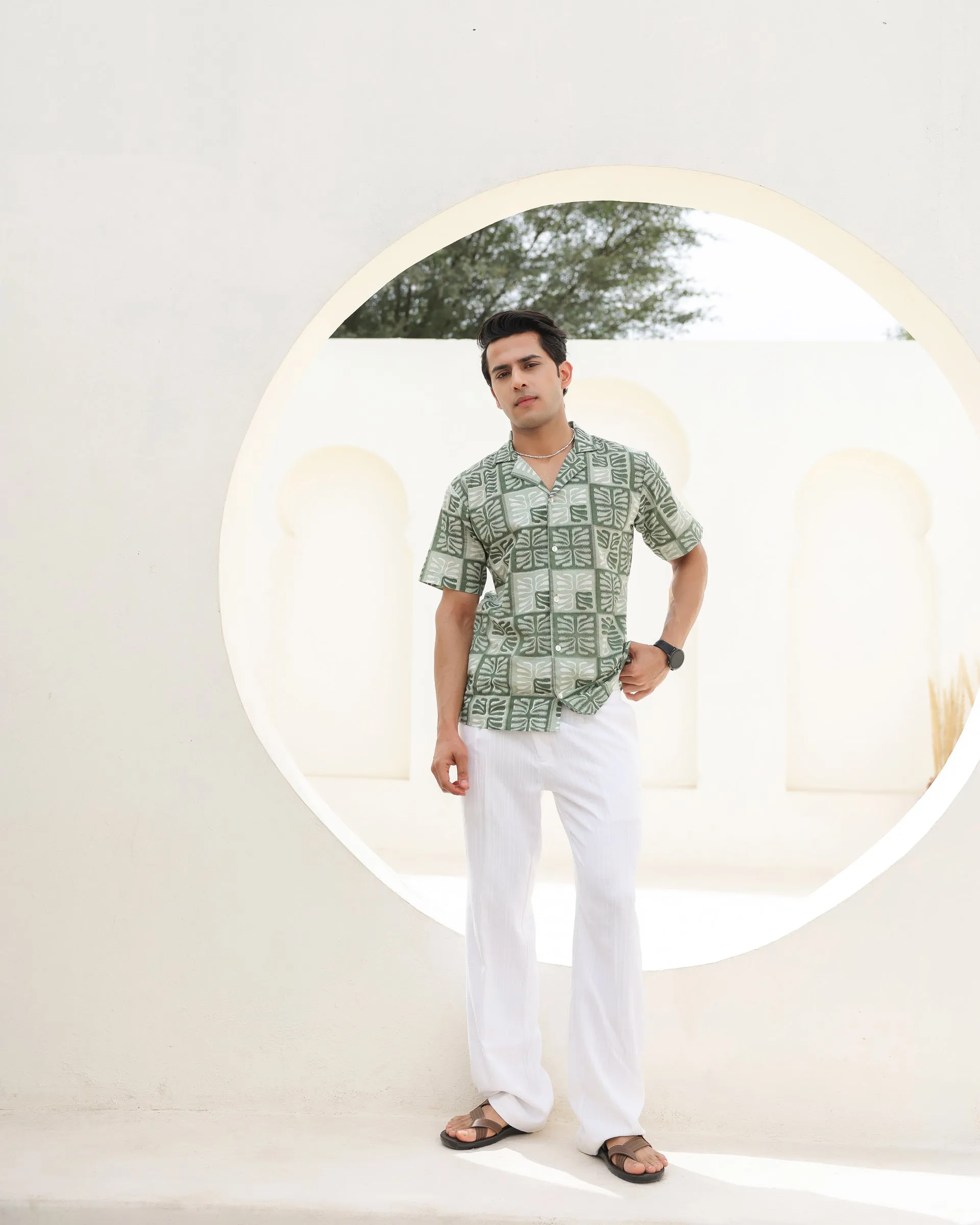 Tropical Sage Leaf Printed Cuban Collar Shirt