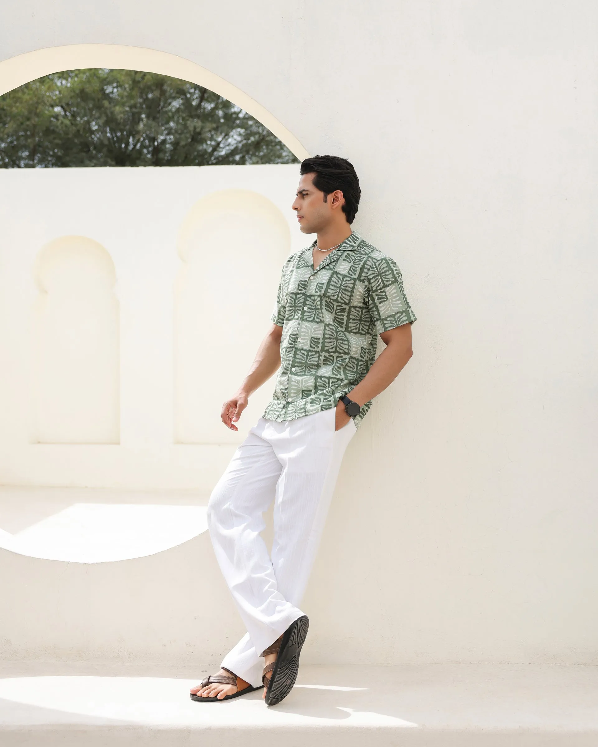 Tropical Sage Leaf Printed Cuban Collar Shirt