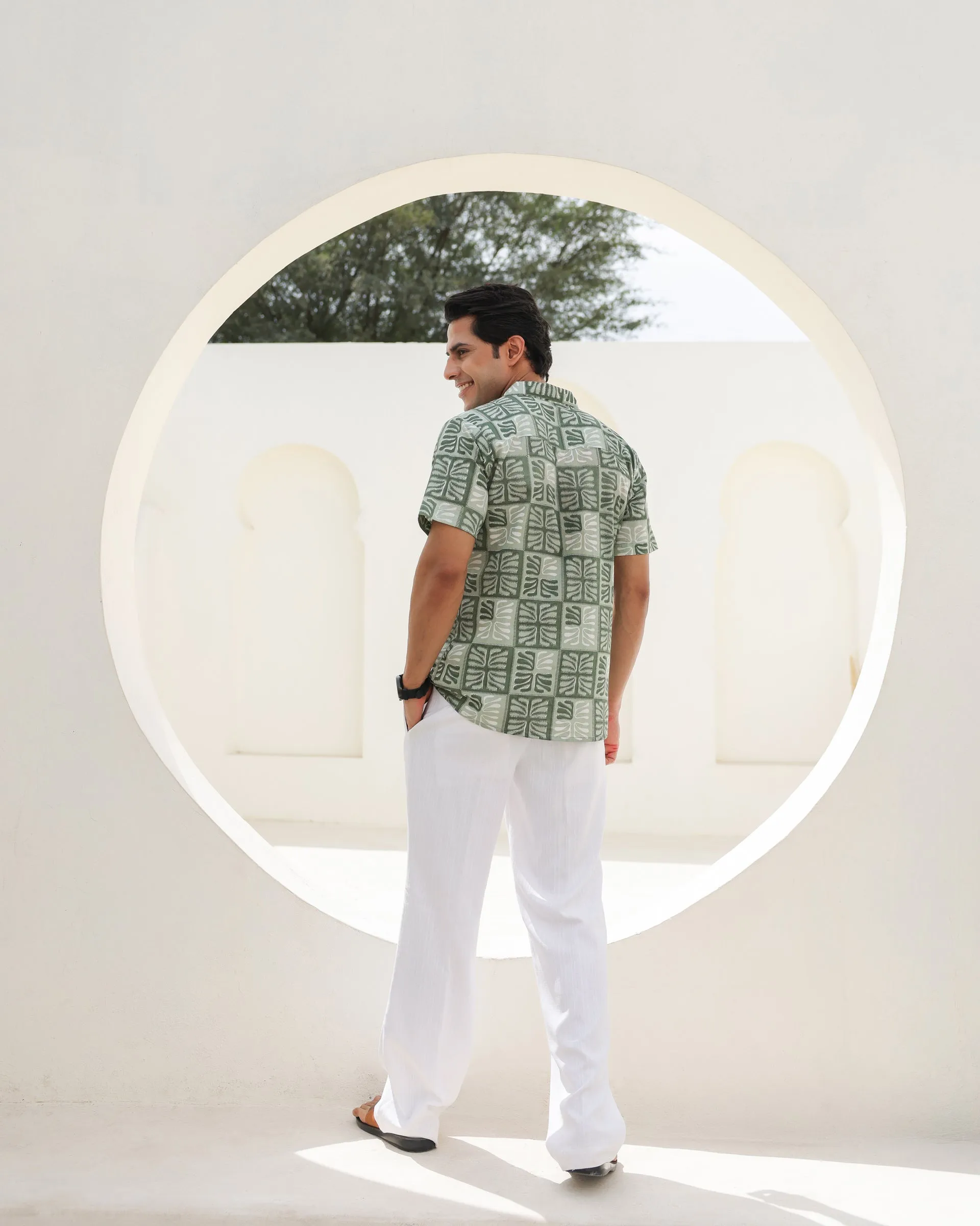 Tropical Sage Leaf Printed Cuban Collar Shirt