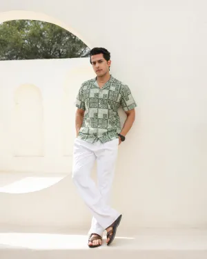 Tropical Sage Leaf Printed Cuban Collar Shirt