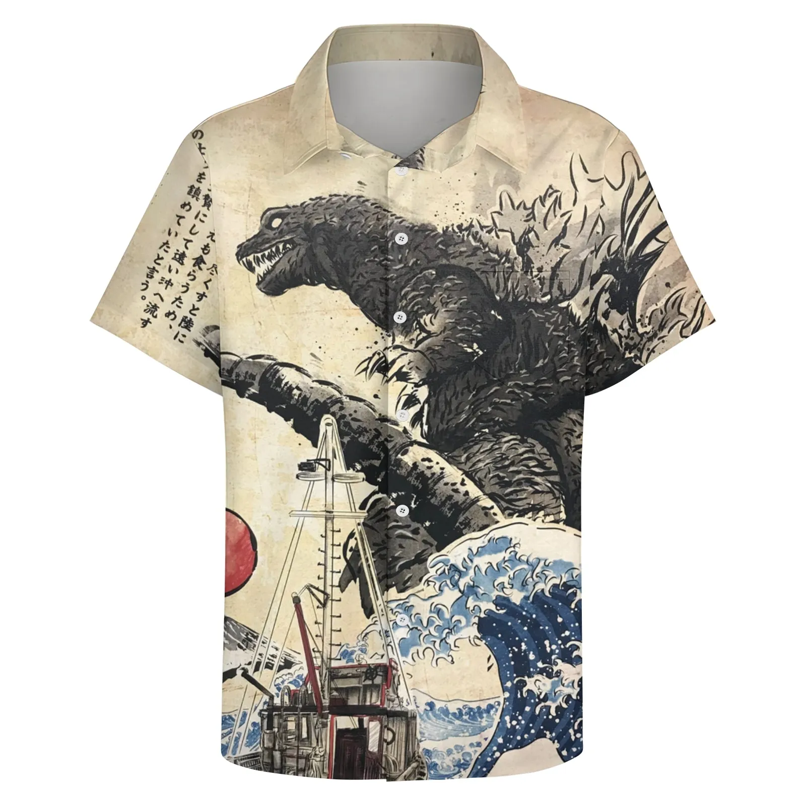 Ukiyo-e Monster Godzilla Casual Short Sleeve Shirt 2404001803