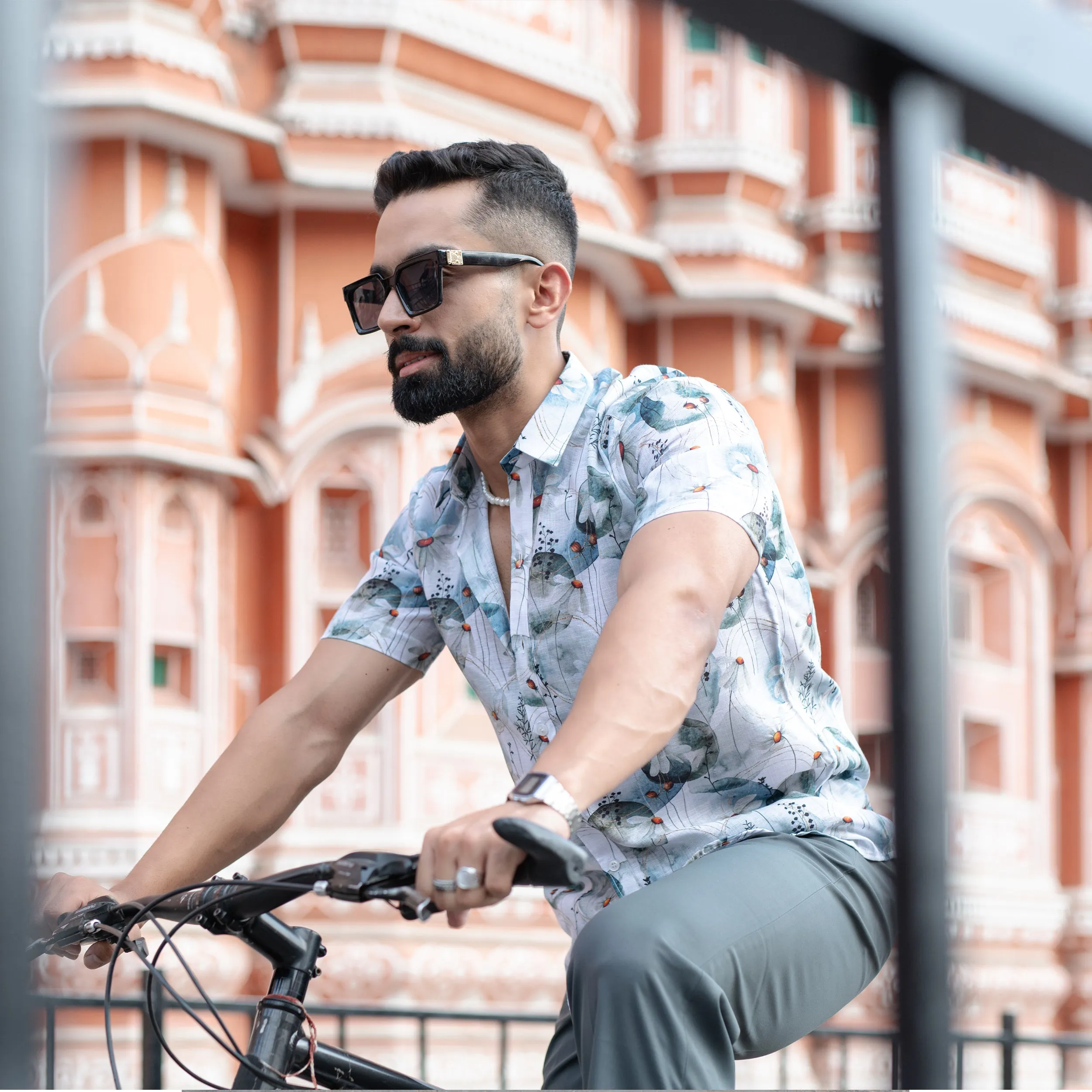 White Blue Floral Print Linen Blend Half Sleeve Shirt
