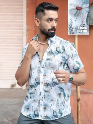 White Blue Floral Print Linen Blend Half Sleeve Shirt