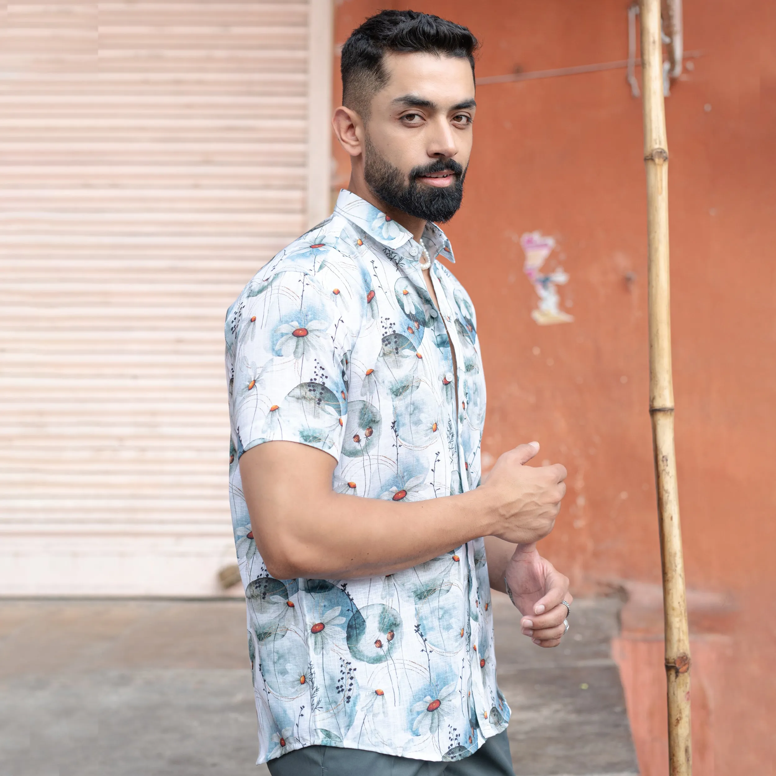 White Blue Floral Print Linen Blend Half Sleeve Shirt