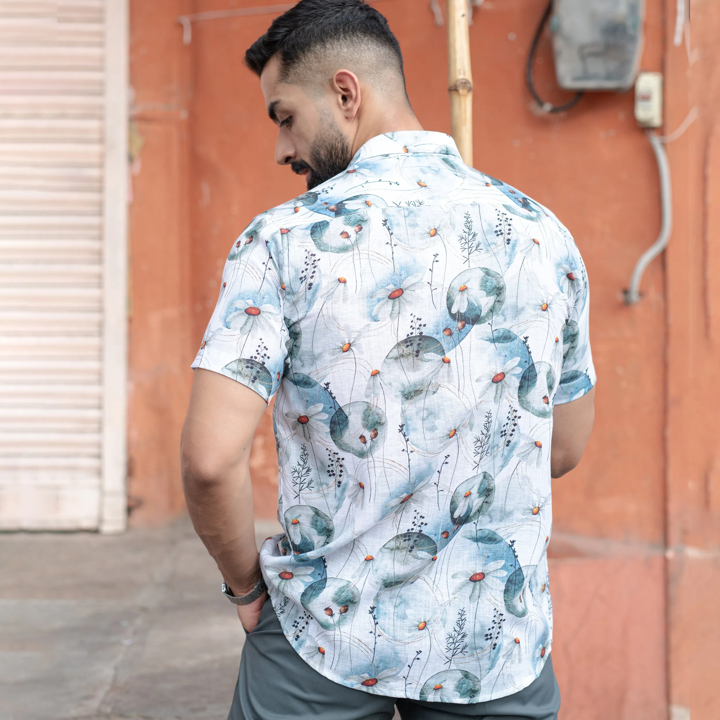 White Blue Floral Print Linen Blend Half Sleeve Shirt