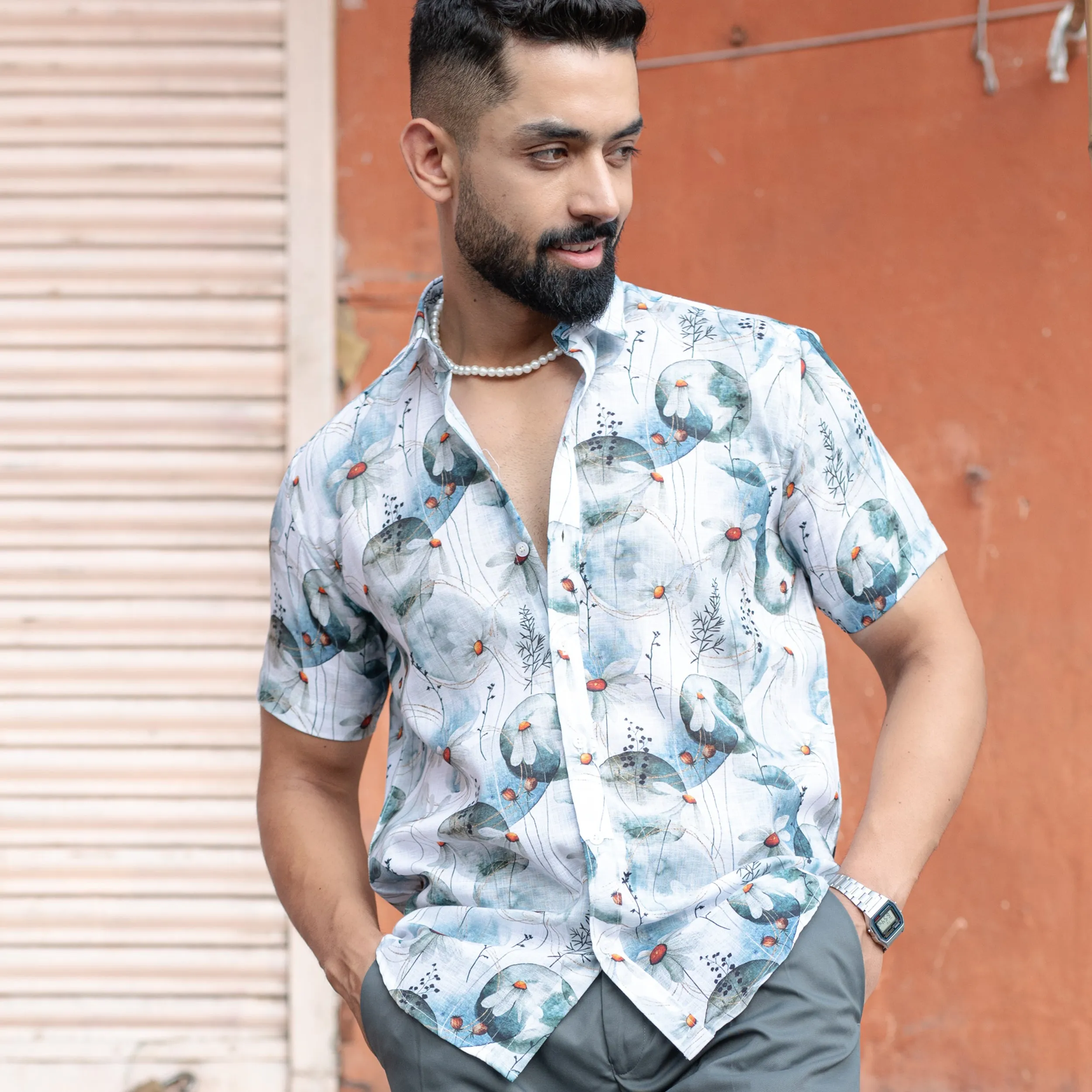 White Blue Floral Print Linen Blend Half Sleeve Shirt