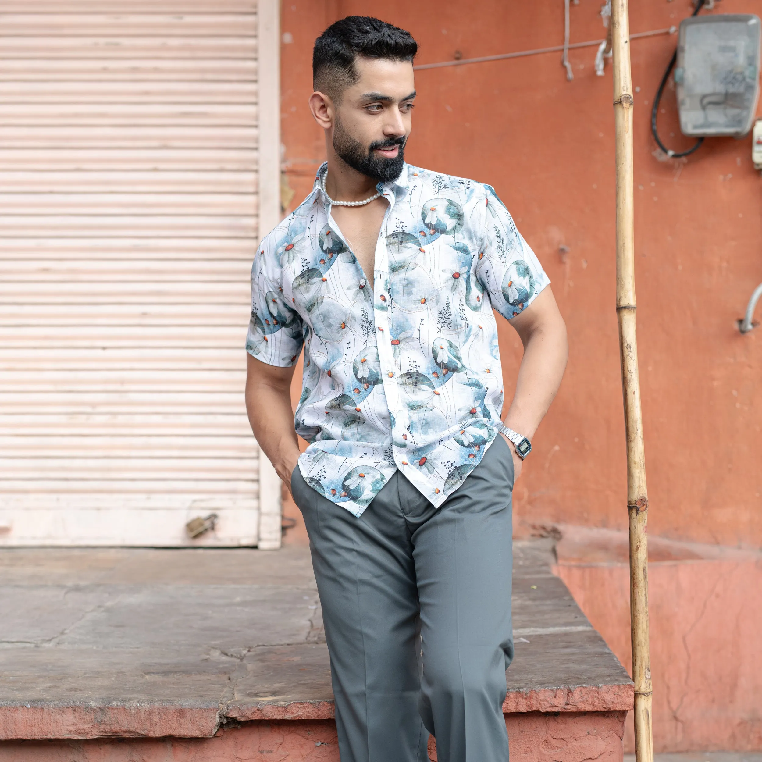White Blue Floral Print Linen Blend Half Sleeve Shirt