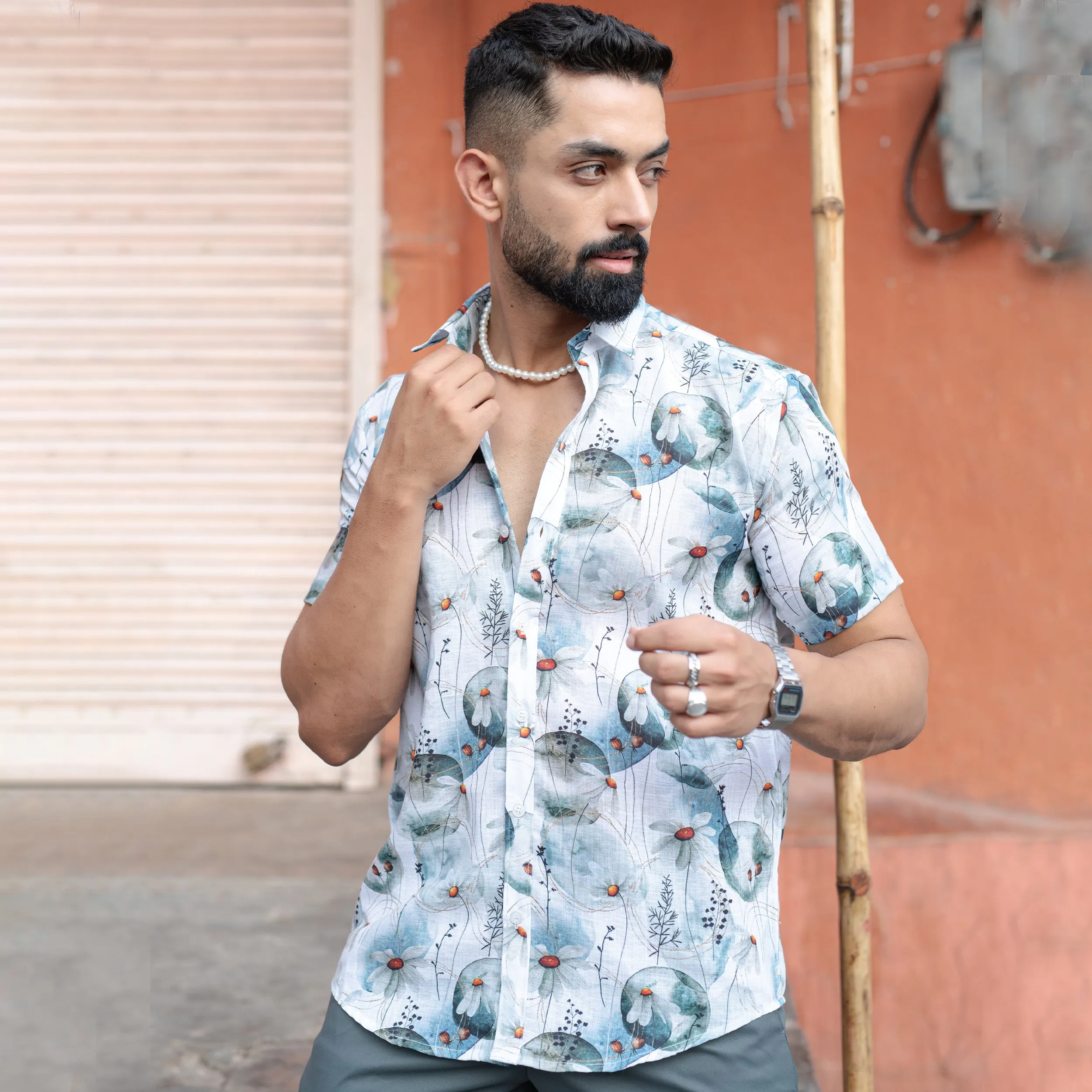 White Blue Floral Print Linen Blend Half Sleeve Shirt