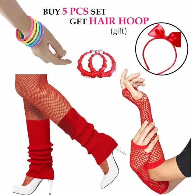 Womens 80s Costume Accessories Fancy Outfit for 1980s Theme Party Rock N Roll Costume Earrings Pantyhouse Leg Warmers Gloves