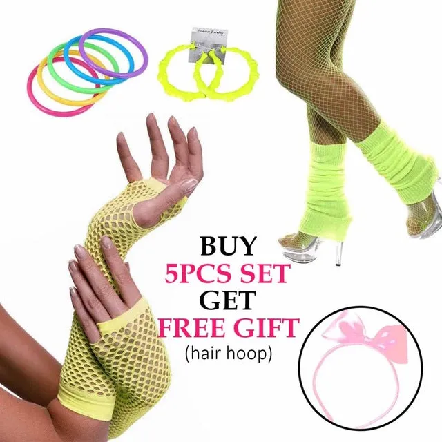 Womens 80s Costume Accessories Fancy Outfit for 1980s Theme Party Rock N Roll Costume Earrings Pantyhouse Leg Warmers Gloves