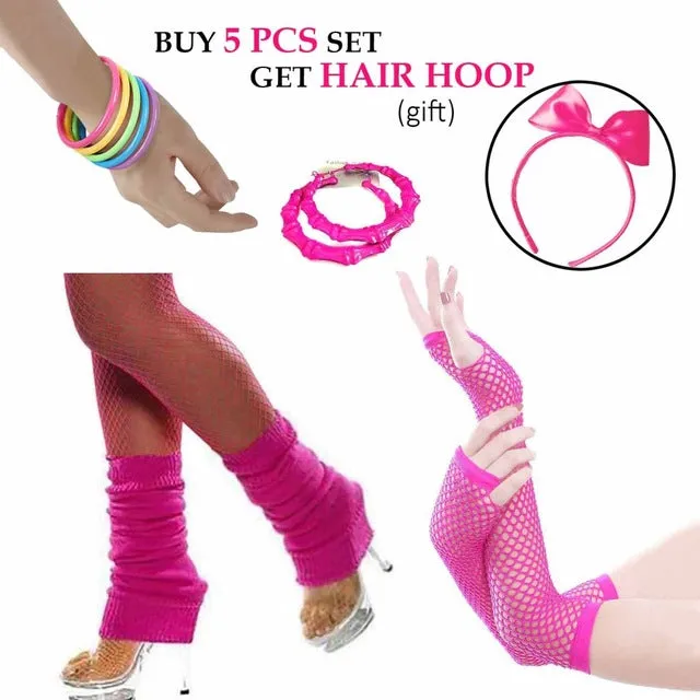 Womens 80s Costume Accessories Fancy Outfit for 1980s Theme Party Rock N Roll Costume Earrings Pantyhouse Leg Warmers Gloves