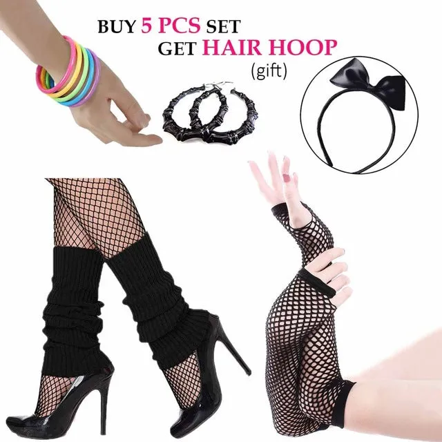 Womens 80s Costume Accessories Fancy Outfit for 1980s Theme Party Rock N Roll Costume Earrings Pantyhouse Leg Warmers Gloves