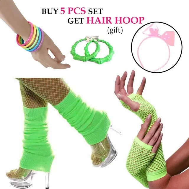 Womens 80s Costume Accessories Fancy Outfit for 1980s Theme Party Rock N Roll Costume Earrings Pantyhouse Leg Warmers Gloves