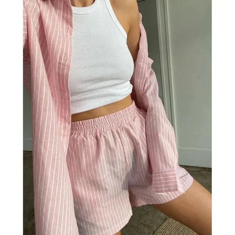 Women's Stripe Long Sleeve Shirt and Loose High Waisted Mini Shorts Set