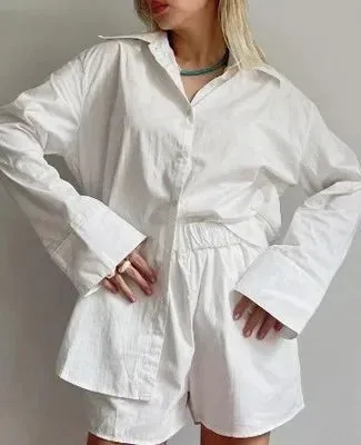 Women's Stripe Long Sleeve Shirt and Loose High Waisted Mini Shorts Set