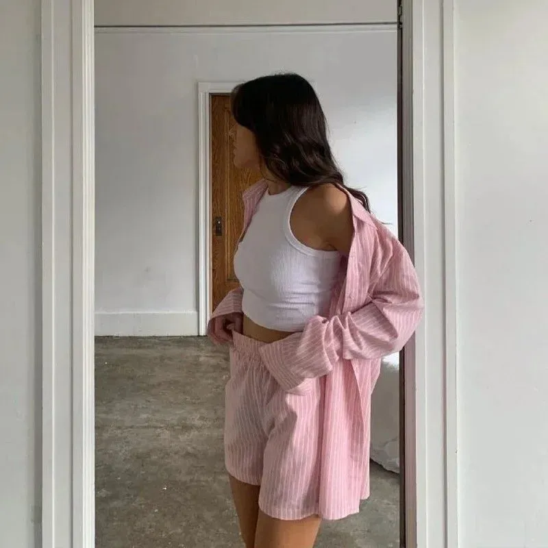 Women's Stripe Long Sleeve Shirt and Loose High Waisted Mini Shorts Set