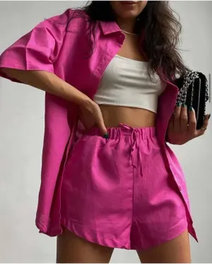 Women's Stripe Long Sleeve Shirt and Loose High Waisted Mini Shorts Set