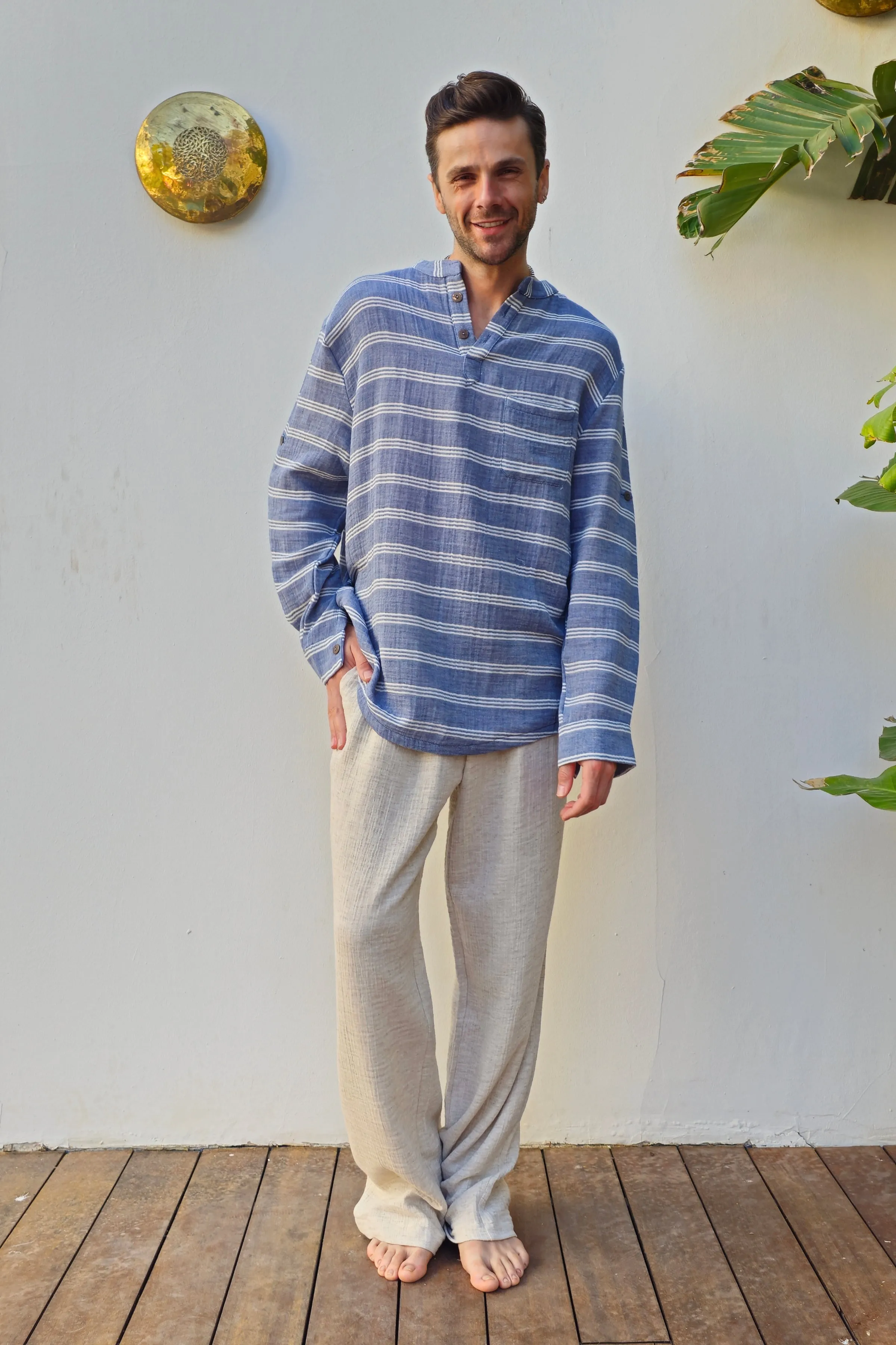 ZEUS STRIPES Organic Double Gauze Shirt (Light Indigo Blue)