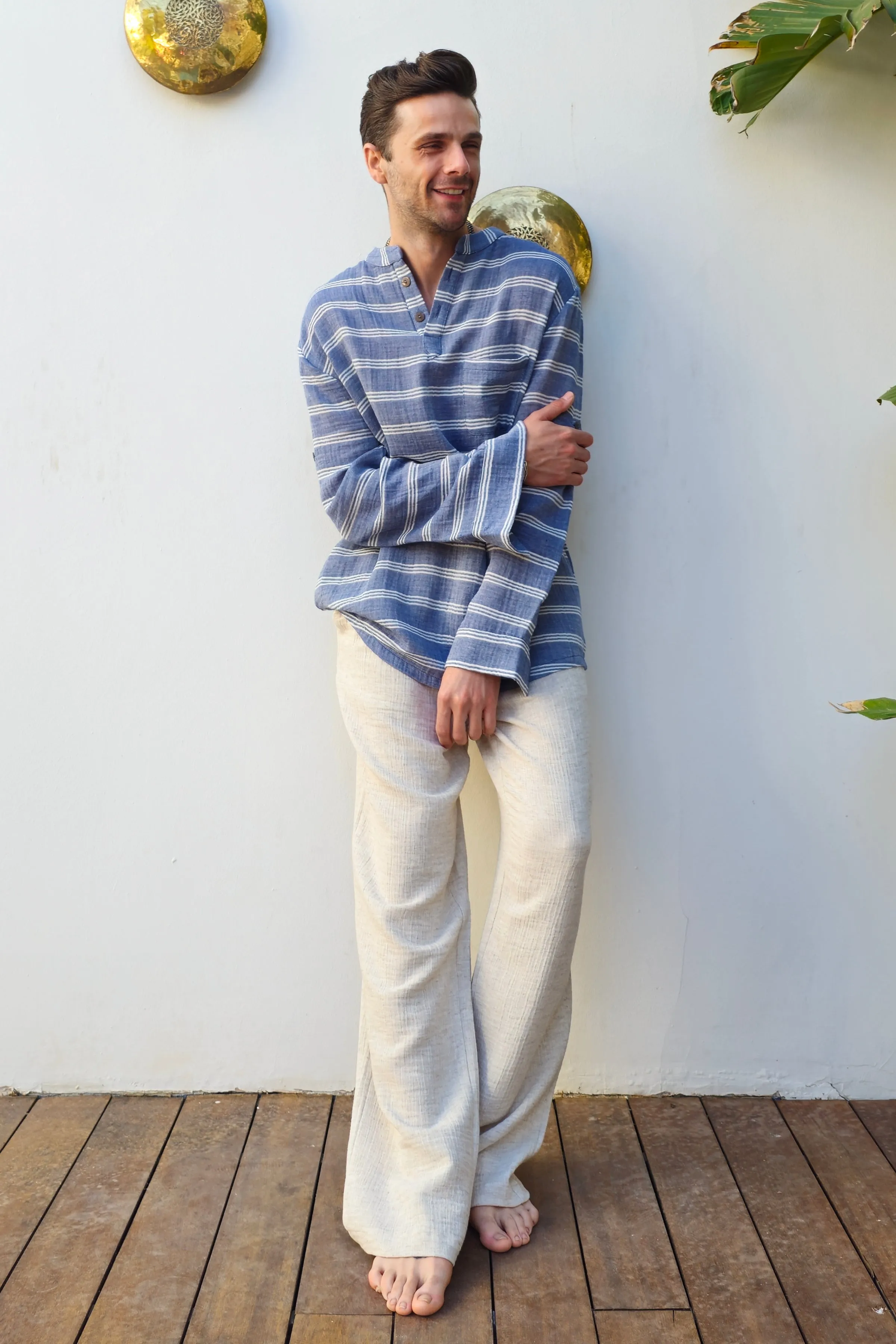 ZEUS STRIPES Organic Double Gauze Shirt (Light Indigo Blue)