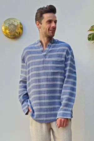 ZEUS STRIPES Organic Double Gauze Shirt (Light Indigo Blue)