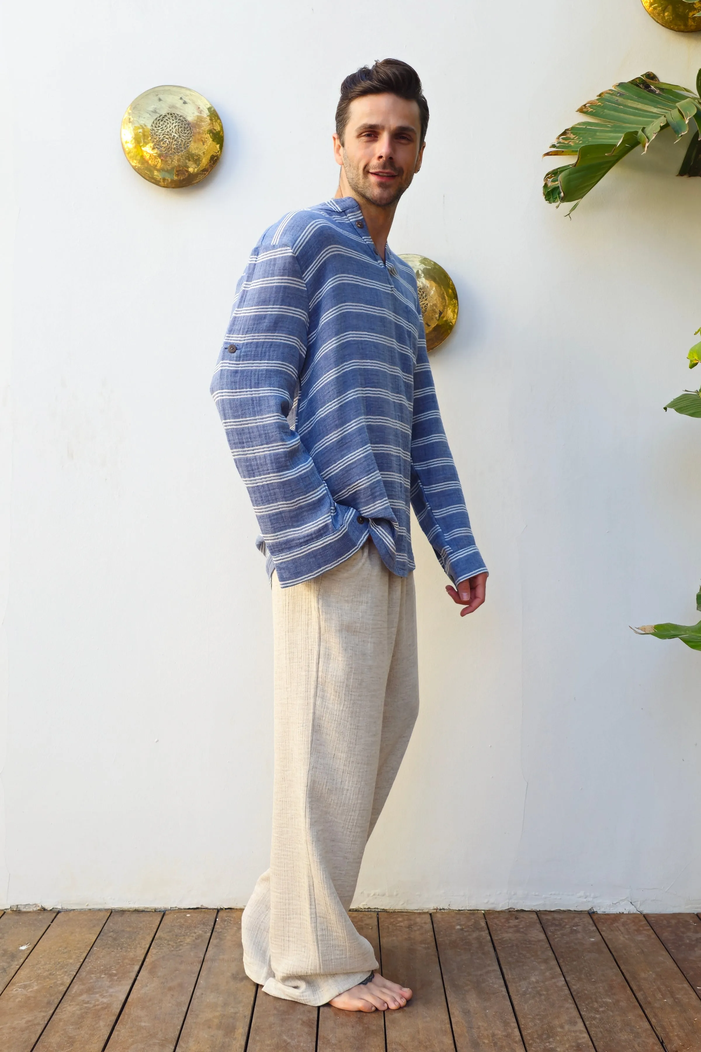 ZEUS STRIPES Organic Double Gauze Shirt (Light Indigo Blue)
